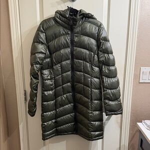Calvin Klein Olive Green Long Puffer Coat with Hood